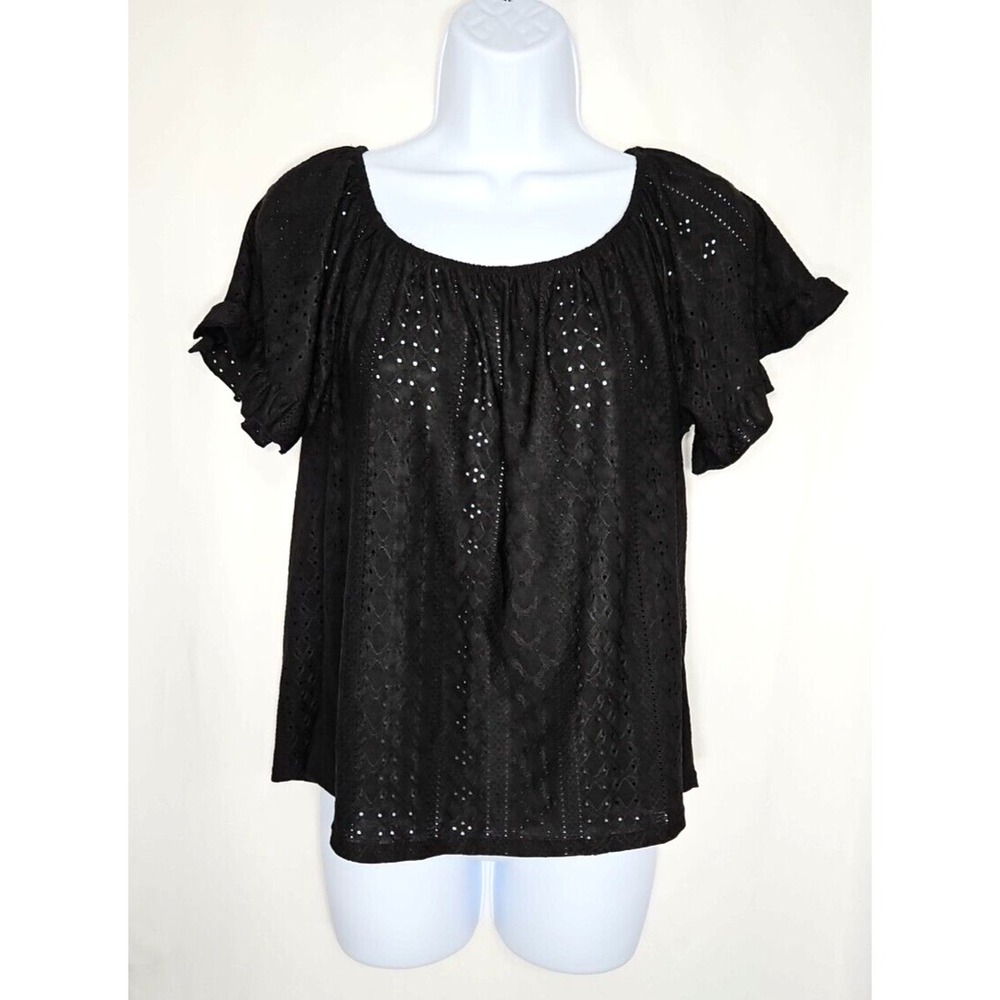 W5 Women's Black Short Sleeve Eyelet Cutout Pullover Top Size Small NWT